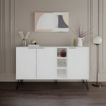 Credenza Madia con Nicchie 3 Ante Bianco per Soggiorno Gambe Metalliche