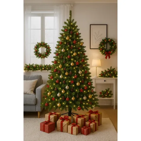 Albero di Natale in PVC 180 cm Realistico con Base a Croce Verde Folto