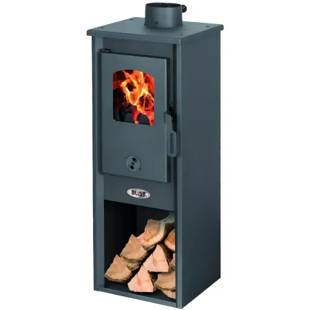 Stufa a Legna 5.3 kW Acciaio Antracite Piastra in Ghisa e Portalegna
