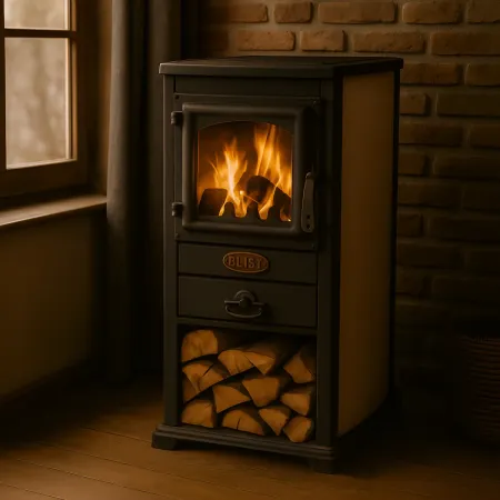 Stufa a Legna 5kW Beige Compatta Piastra Ghisa Vano Legna da Interno