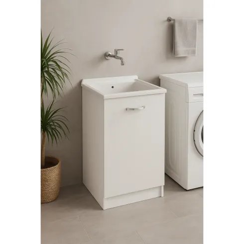 Mobile Lavatoio con Anta in Legno Bianco Frassinato per Lavanderia