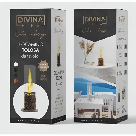 Camino a Bioetanolo da Tavolo Nero Oro Ø20 in Acciaio con Vetro Arredo