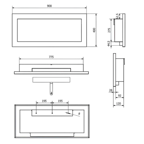 Camino a Bioetanolo da Incasso 2,5kW Bianco Acciaio Inox 90x12x40 cm