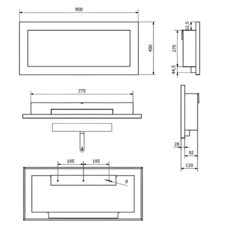 Camino a Bioetanolo da Incasso 2,5kW Bianco Acciaio Inox 90x12x40 cm
