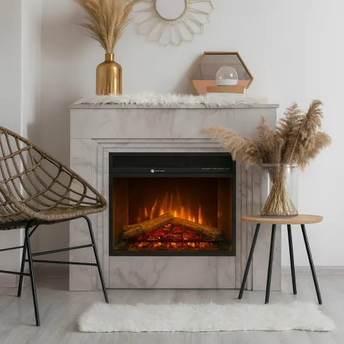 Camino Elettrico da Pavimento 1800W in Legno Effetto Marmo Bianco
