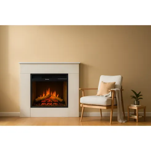 Camino Elettrico 1800W da Pavimento Fiamma Regolabile Legno Bianco