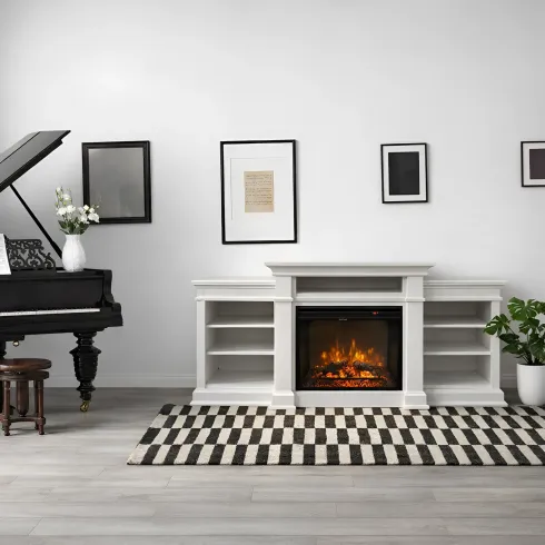 Camino Elettrico 1800W con Mobile Ripiani da Pavimento in Legno Bianco