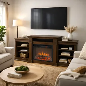 Camino Elettrico 1800W con Mobile Ripiani da Pavimento in Legno Noce 2