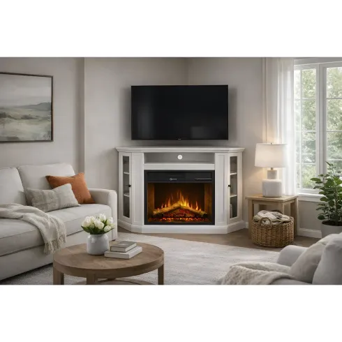Camino Elettrico con Mobile Angolare 1800W da Appoggio in Legno Bianco