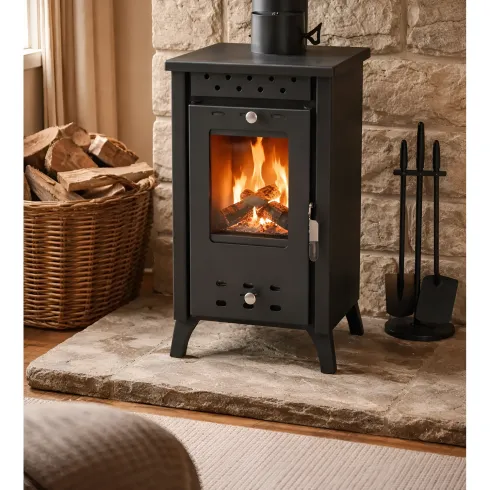 Stufa a Legna 7,7 kW in Acciaio Nero con Vetro Compatta per Interni