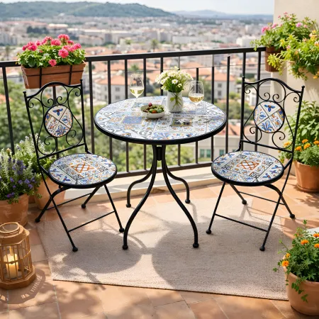Set Tavolo Ø 60 cm con 2 Sedie Pieghevoli da Giardino Mosaico Blu