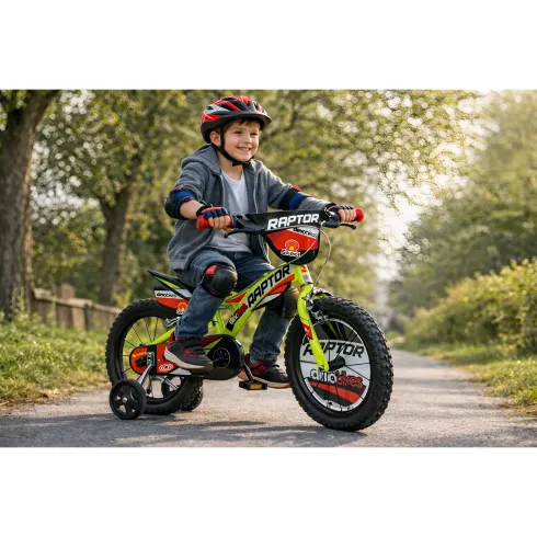 Bicicletta per Bambini 16" Freni Doppi Rotelle in Acciaio Giallo Rosso