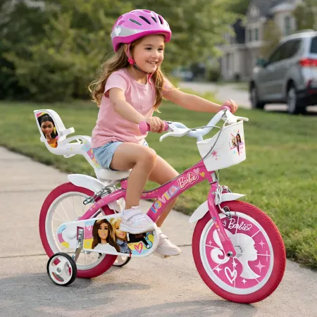 Bicicletta Rotelle Barbie 14" per Bambini Rosa con Cestino Seggiolino