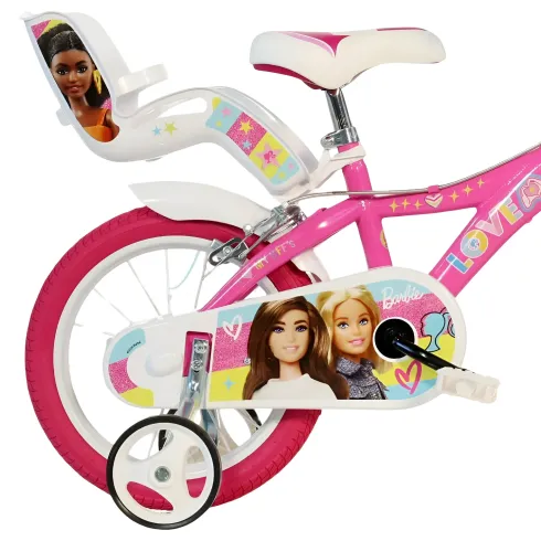Bicicletta Rotelle Barbie 14" per Bambini Rosa con Cestino Seggiolino