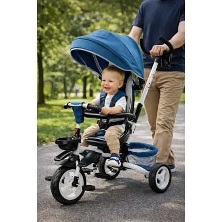 Triciclo per Bambini Blu Pieghevole Sedile Girevole Cappottina 1+