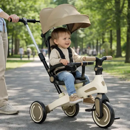 Triciclo Evolutivo per Bambini Beige Sedile Girevole Cappotta Tessuto