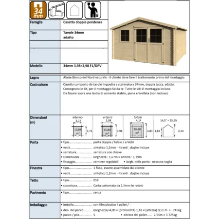 Casetta in Legno 34 mm da Giardino 4x4 Doppia Porta Vetri Block-House