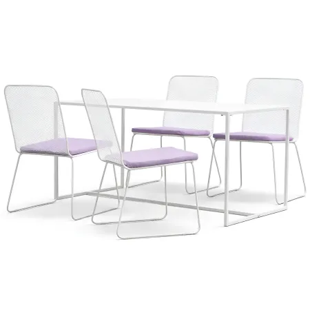 Set Tavolo 140x80 4 Sedie da Giardino Metallo Bianco con Cuscini Lilla