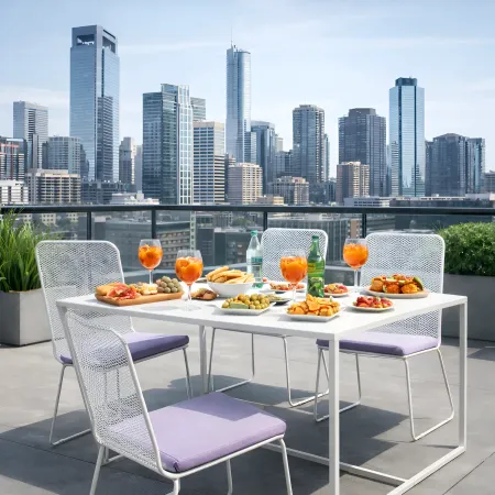 Set Tavolo 140x80 4 Sedie da Giardino Metallo Bianco con Cuscini Lilla