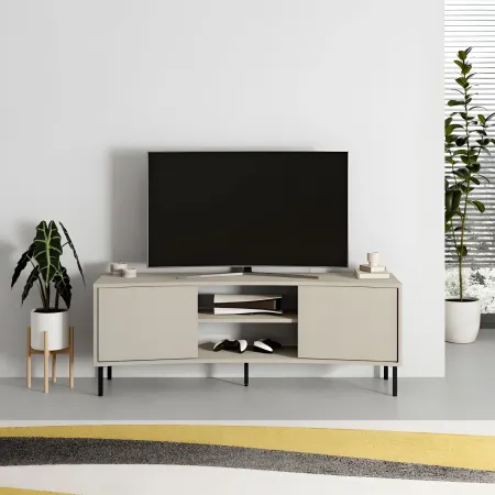 Mobile Porta TV Curvo 150 cm con 2 Ante Battenti 2 Vani a Giorno Beige