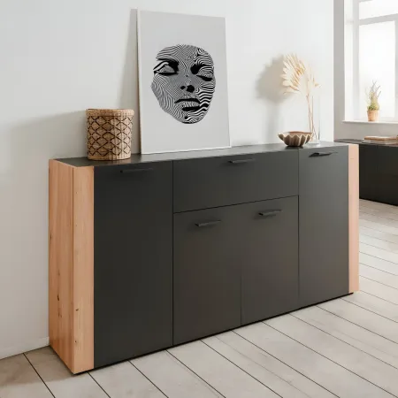 Madia Soggiorno Moderna 4 Ante 1 Cassetto Credenza Rovere Antracite