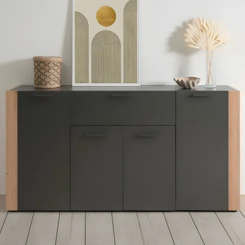Madia Soggiorno Moderna 4 Ante 1 Cassetto Credenza Rovere Antracite