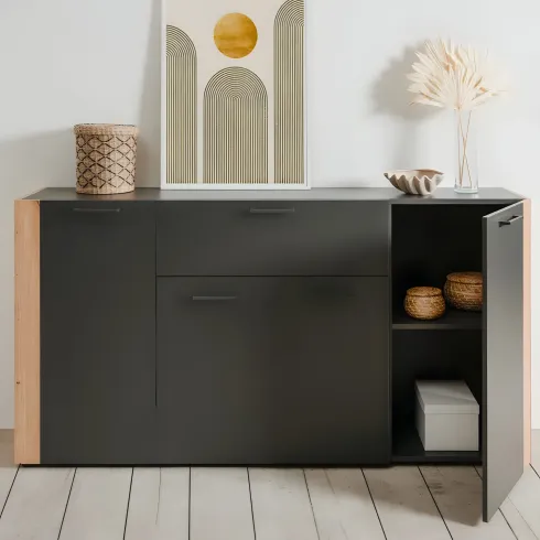 Madia Soggiorno Moderna 4 Ante 1 Cassetto Credenza Rovere Antracite