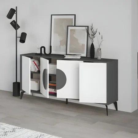 Madia Soggiorno Moderna 180 cm 4 Ante Bianco Antracite Moderno Piedini