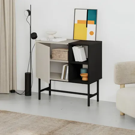 Mobile Soggiorno Moderno Basso 1 Anta Beige Nero 2 Vani a Giorno