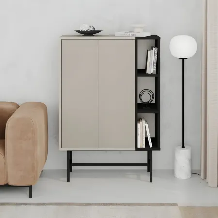 Mobile Soggiorno Moderno Alto con 2 Ante Beige Nero 3 Vani a Giorno