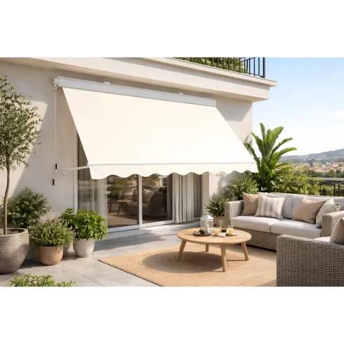 Tenda da Sole 300x300 Beige Cassonata a Caduta con Bracci da Esterno