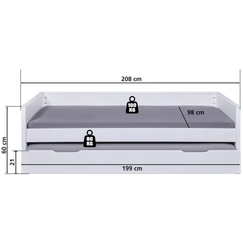 Letto Singolo Bianco con Cassettone Contenitore Estraibile da Cameretta