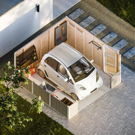Garage in Legno 368x354 cm Rosso a Pannelli Box con Porta Elettrica