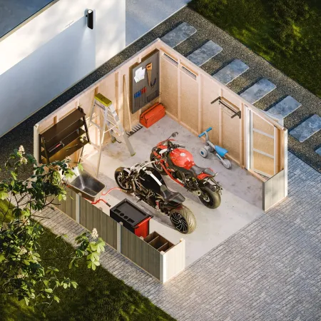 Garage in Legno 368x354 cm Rosso a Pannelli Box con Porta Elettrica