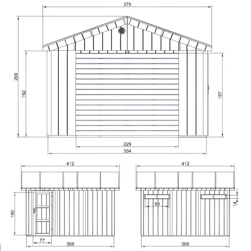 Garage in Legno 368x354 cm Rosso a Pannelli Box con Porta Elettrica