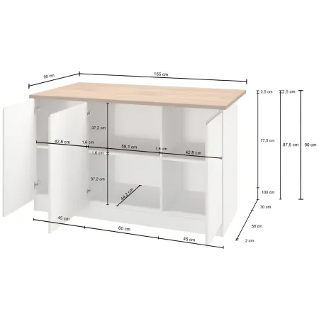 Isola Cucina 3 Ante Bianco Report 155x90x90 cm Legno Nobilitato