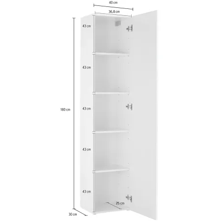 Colonna Armadio Multiuso Bianco Lucido 4 Ripiani 40x30x180 cm Moderno