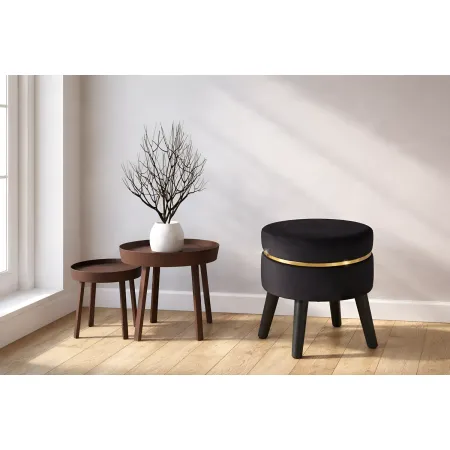 Sgabello Basso in Velluto Nero con Finiture Oro Pouf Salotto Camera