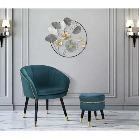 Sgabello Basso in Velluto Ottanio Finiture Oro Pouf Salotto Camera