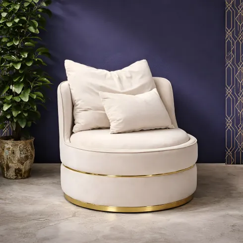 Poltrona Rotonda in Velluto Crema Finiture Oro Salotto Camera da Letto