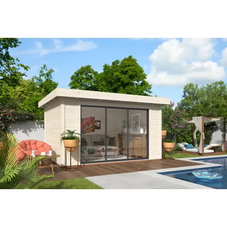 Casetta in Legno Naturale 28 mm 385x291 cm Porta Scorrevole in Vetro