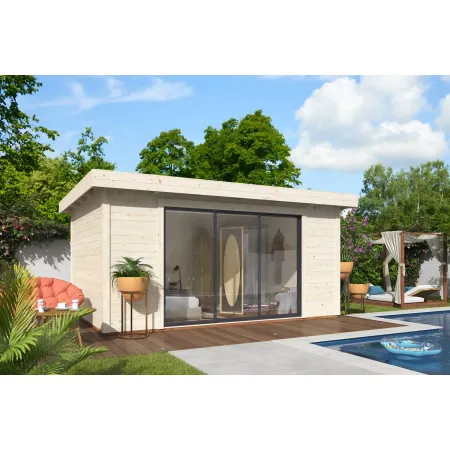 Casetta in Legno Naturale 28 mm 450x330 cm Porta Scorrevole in Vetro