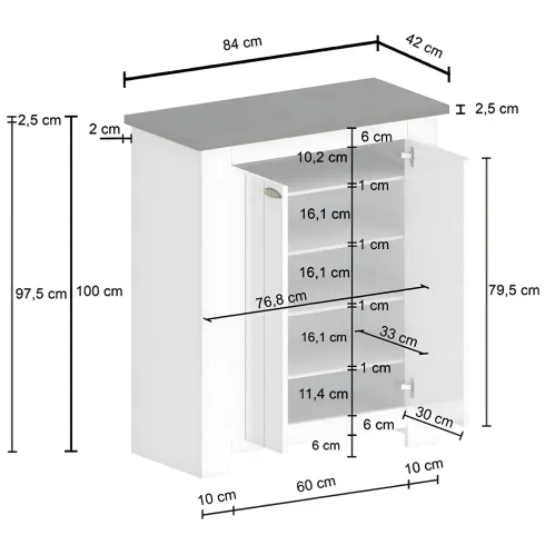 Scarpiera 2 Ante Mobile Ingresso Bianco Rovere 4 Ripiani 84x42x100 cm