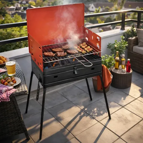 Barbecue a Carbonella Valigetta Rosso Griglia Regolabile Portatile