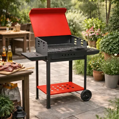 Barbecue a Carbonella 60x40x90 cm Coperchio Ruote Acciaio Rosso Nero