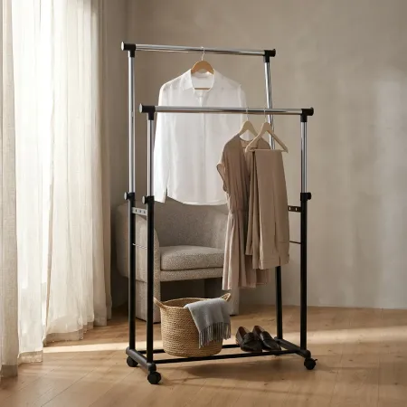 Stand Appendiabiti Doppio in Metallo Verniciato Nero 85x44x90/160 cm