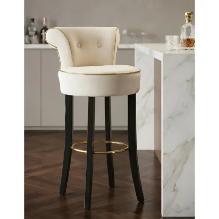Sgabello da Bar Imbottito in Velluto Crema Oro Schienale Poggiapiedi