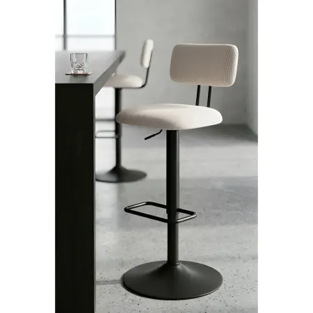 Set 2 Sgabelli da Bar Regolabili Metallo Nero Tessuto Imbottito Beige