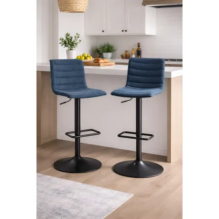 Set 2 Sgabelli Bar Regolabili Metallo Nero Tessuto Blu Poggiapiedi