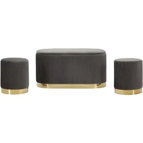 Set Panca Contenitore con 2 Pouf in Velluto Grigio Oro Camera Salotto